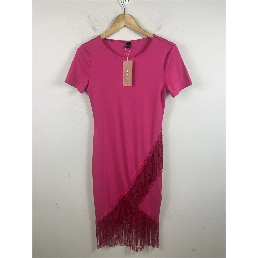 SHEIN SXY Fringe Trim Wrap Hem Bodycon Dress Size Medium NWT Pink